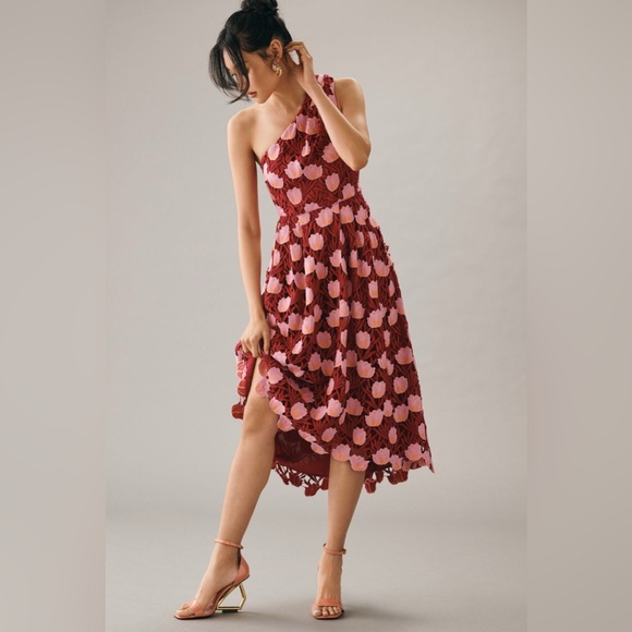 Rare! Anthro Maeve One-Shoulder Tea Dress Floral Embroidered Red Pink Size 6 New - Picture 2 of 5